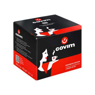 Črno-rdeča škatla s 100 združljivimi kapsulami Lavazza Blue Covim Granbar Bidose, pogled od spredaj