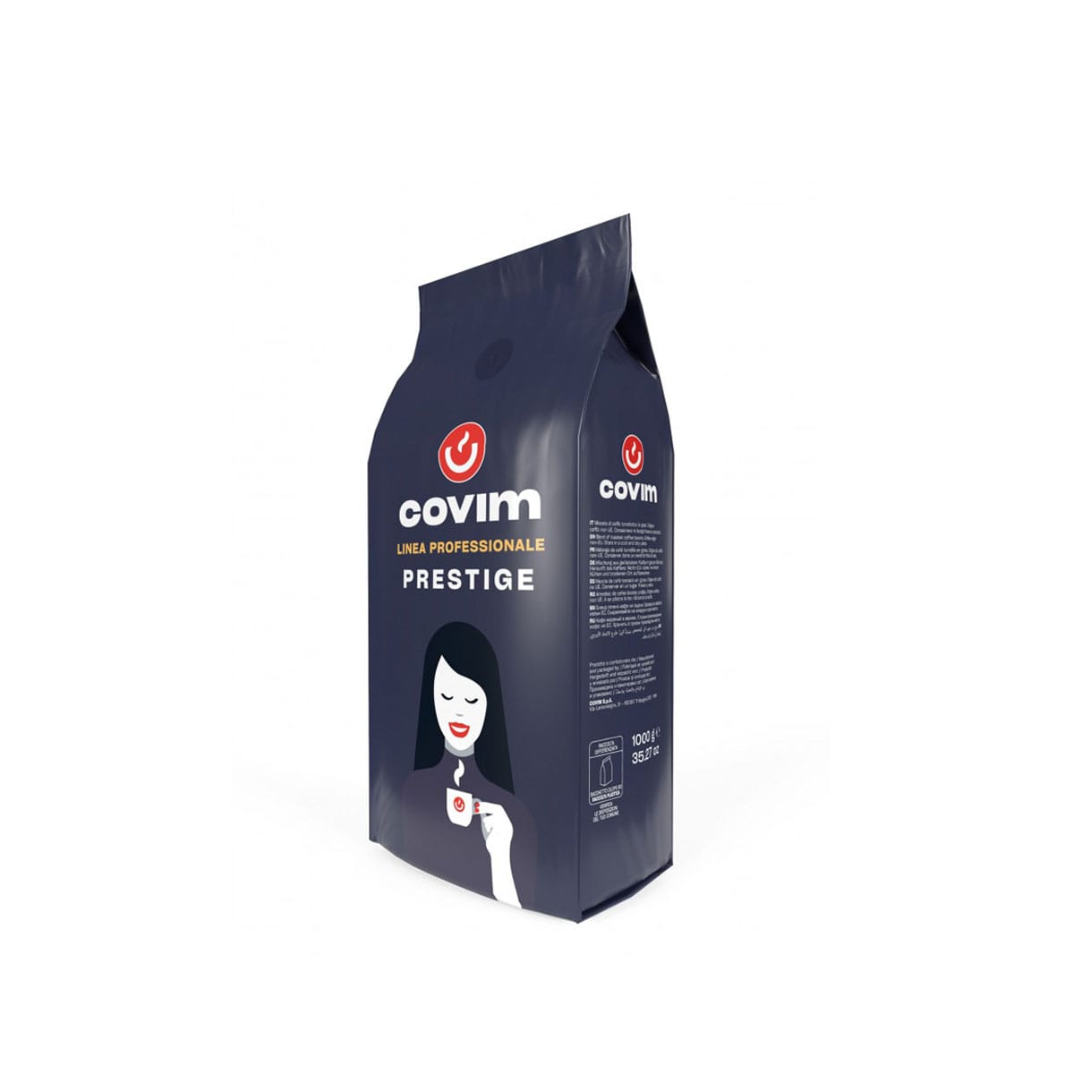 Grãos de café Covim Prestige (embalagem de 1 kg) Saco de 1 kg de café em grão Covim Prestige, cor azul escuro, com logótipo e ilustração visíveis