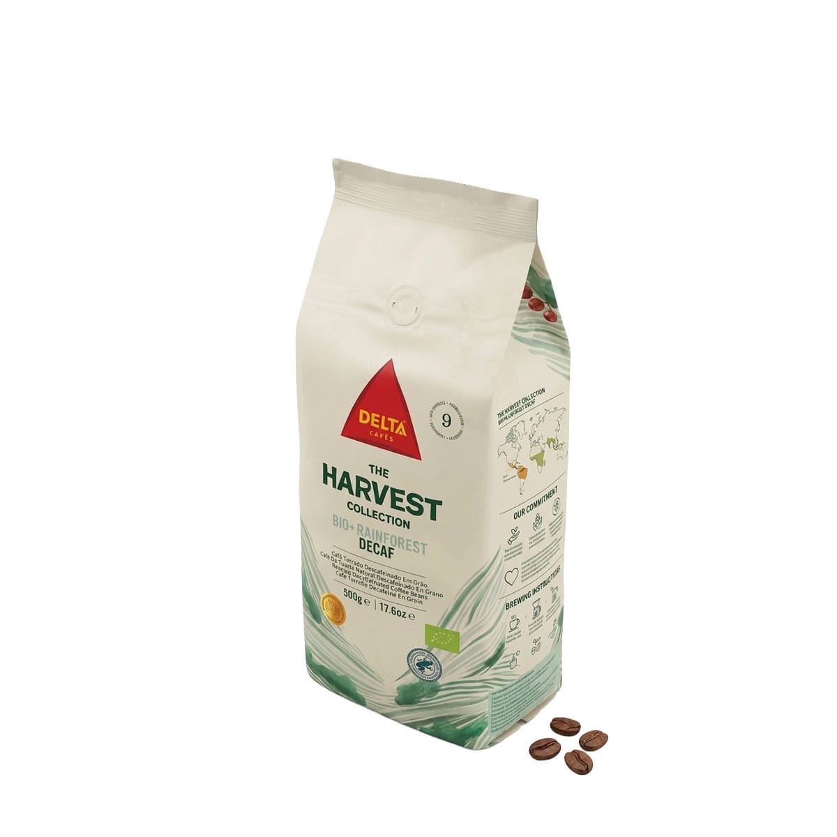 Café Descafeinado Biológico Delta Harvest 500g Embalagem de 500g de café em grão descafeinado biológico da linha The Harvest Collection da Delta Cafés, com um design claro e um logótipo visível
