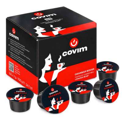 Škatla s 100 kapsulami Lavazza Blue Covim Granbar Bidose, rdeče in črne barve, vidni logotip
