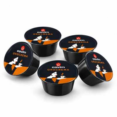 Détail de 5 capsules noires avec logo rouge et orange, Covim OroCrema — 100 capsules compatibles Lavazza Firma