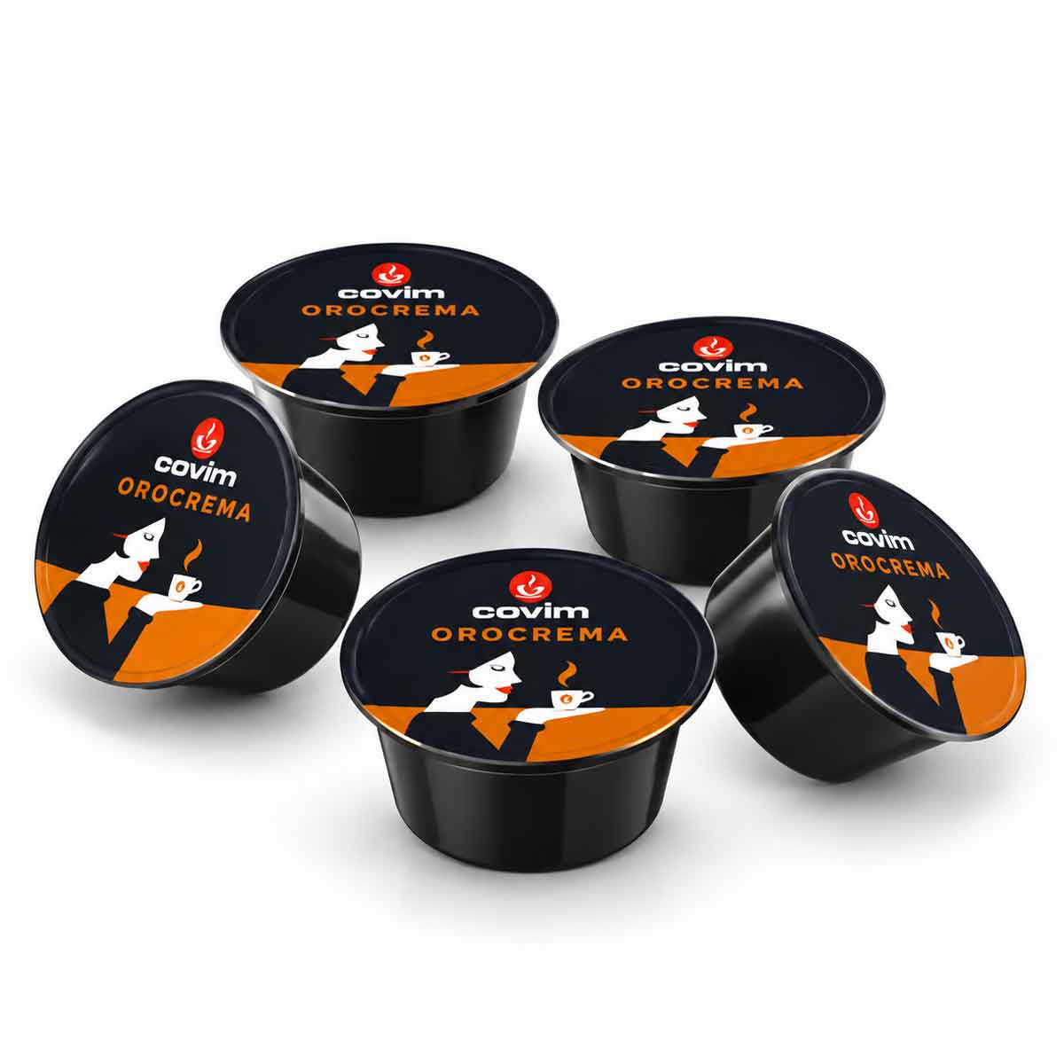 covim-orocrema-capsules-compatible-lavazza-firma Détail de 5 capsules noires avec logo rouge et orange, Covim OroCrema — 100 capsules compatibles Lavazza Firma