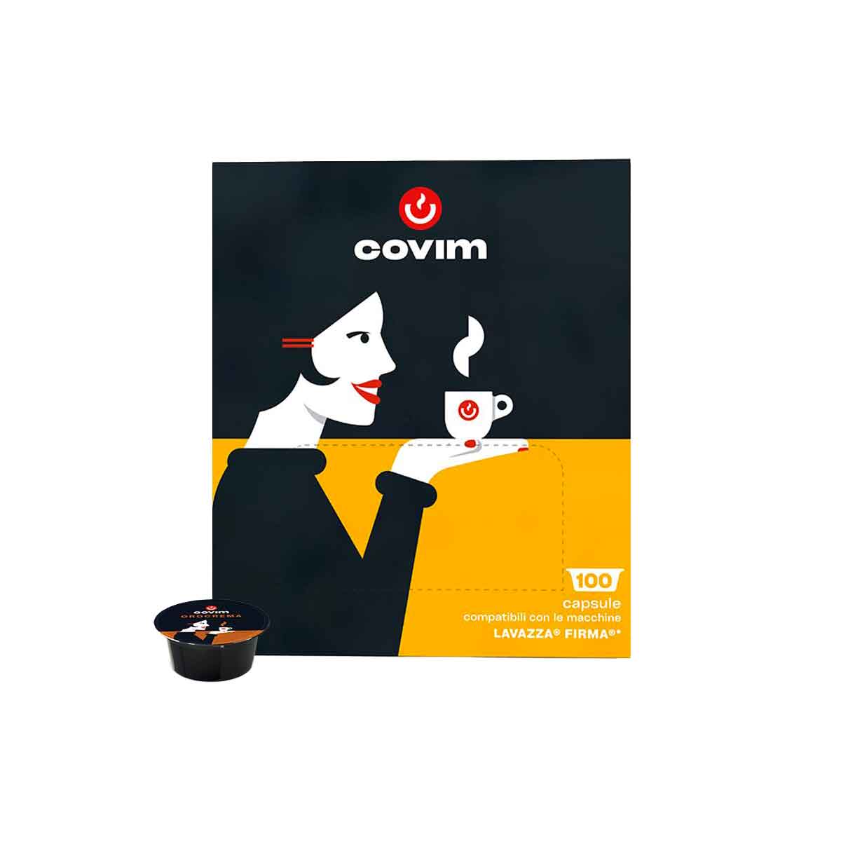 covim-orocrema-capsules-firma Boîte de face avec design noir et jaune, Covim OroCrema — 100 capsules compatibles Lavazza Firma
