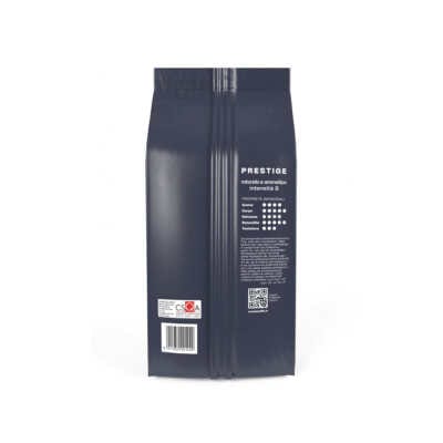 Verso da embalagem de 1 kg de café em grão Covim Prestige, cor azul marinho, com logótipo e texto claramente legíveis