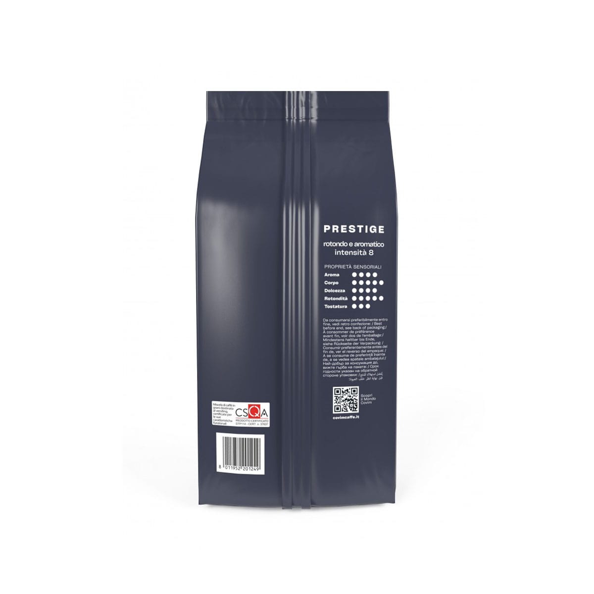 dos-Café-em-grãos-Covim-Prestige-—-Saqueta-1-kg.jpg Verso da embalagem de 1 kg de café em grão Covim Prestige, cor azul marinho, com logótipo e texto claramente legíveis