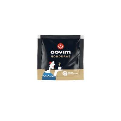 Пакет от 50 капсули Covim Espresso Honduras ESE, черен фон с червено лого и цветна илюстрация