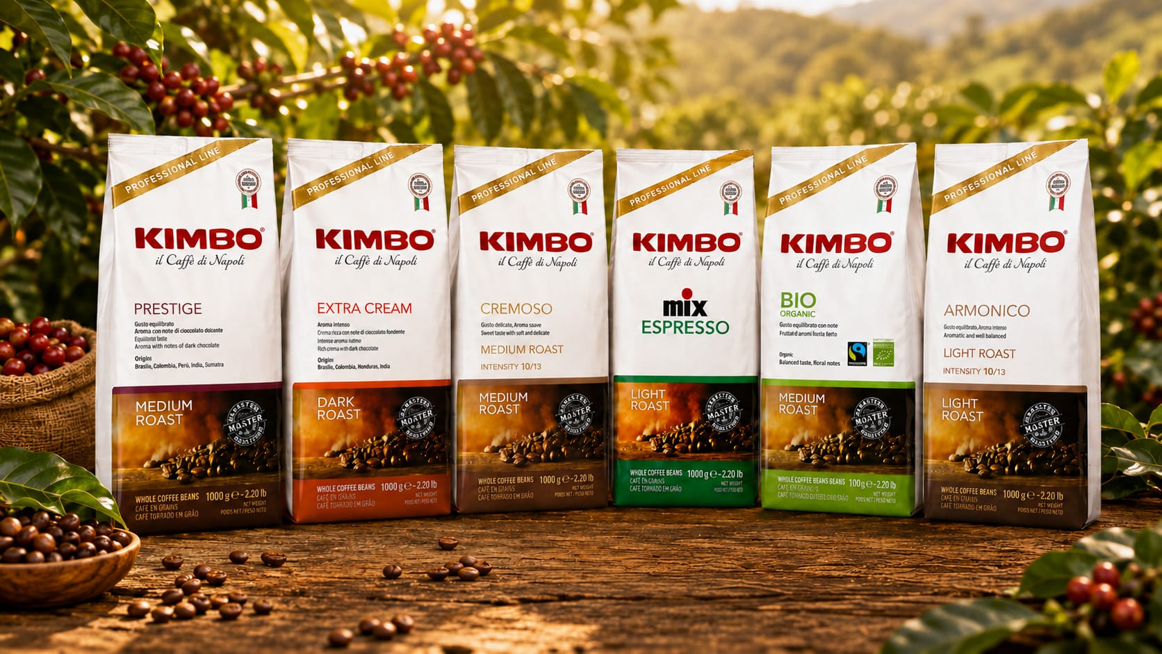 Sélection de cafés en grains Kimbo Prestige, Extra Cream, Cremoso, Espresso Mix, Bio et Armonico dans un décor de caféiers