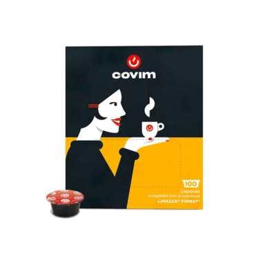 Přední krabička s černobílým designem, Covim Granbar Espresso — 100 kapslí kompatibilních s Lavazza