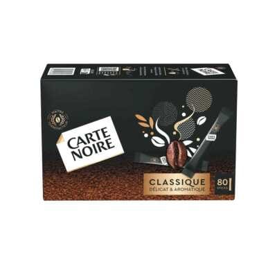Caixa de café instantâneo Carte Noire Classic — 80 saquetas de 1,8 g, fundo preto, logótipo visível, design elegante