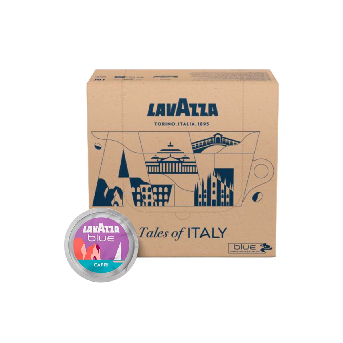 capri-3-boite Boîte kraft Lavazza Blue Tales of Italy et capsule Capri — 100 capsules, illustrations de monuments italiens