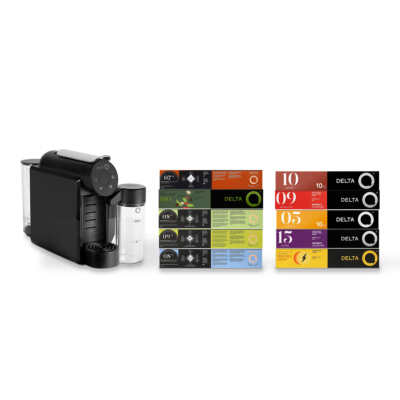 Contenu du coffret Cappuccino maison Delta Q : la machine Delta Q Mini MilkQool et dix étuis de 10 capsules Delta Q
