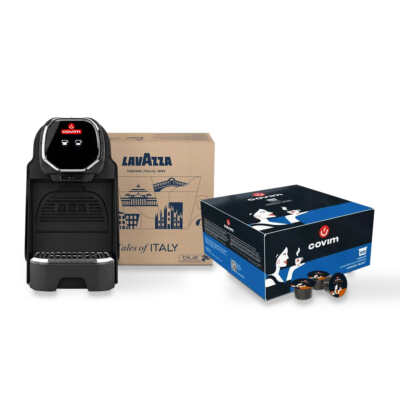 Coffret Covim CO120 compatible Lavazza Blue : la machine Covim CO120, une boîte de 100 capsules Lavazza Blue Tales of Venezia Lungo et une boîte de 100 capsules Covim Orocrema