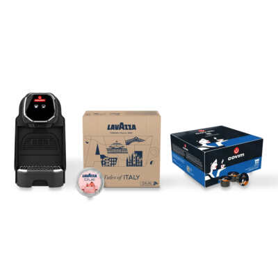 Contenu du coffret Covim CO120 compatible Lavazza Blue : la machine Covim CO120, une boîte de 100 capsules Lavazza Blue Tales of Venezia Lungo et une boîte de 100 capsules Covim Orocrema
