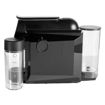 Machine à café Delta Q Mini MilkQool — Noire, vue de côté : réservoir à lait à gauche, réservoir d'eau à droite