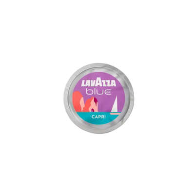 Opercule d'une capsule Lavazza Blue Tales of Capri Espresso, vue de dessus — violet, rochers de Capri et voilier