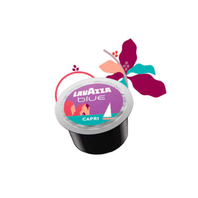 Capsule Lavazza Blue Tales of Capri Espresso, opercule violet illustré des rochers de Capri et d'un voilier