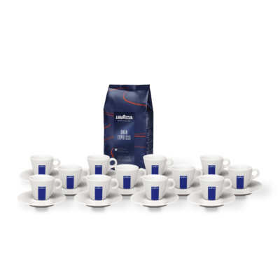Set espresso Lavazza : des tasses et des sous-tasses espresso Lavazza et un paquet de café en grains Lavazza Gran Espresso de 1 kg
