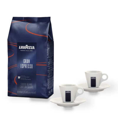 Set espresso Lavazza : des tasses et des sous-tasses espresso Lavazza et un paquet de café en grains Lavazza Gran Espresso de 1 kg