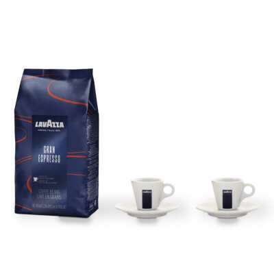 Contenu du set espresso Lavazza : des tasses et des sous-tasses espresso Lavazza et un paquet de café en grains Lavazza Gran Espresso de 1 kg